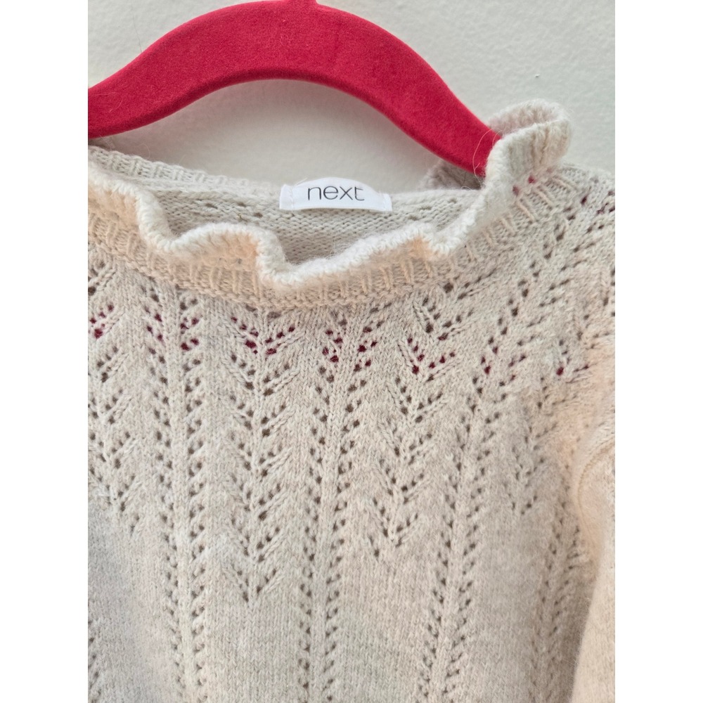 Next Kids Cream Pointelle Ruffle Neck Puff Sleeve Knit Sweater Size 7 Years - Picture 2 of 6